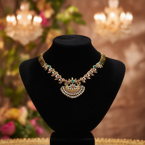 Peacock Matte Gold Semi Bridal Necklace Set with Cubic Zirconia Earrings - Product Image 3