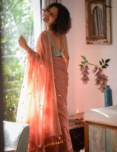 KV Traditional <b>Orange</b>-Coloured Embellished Mul Cotton <b>Saree</b> for Party Wrinkle-Free & Reversible Quick Dry Autumn Without Blouse - Product Image 3