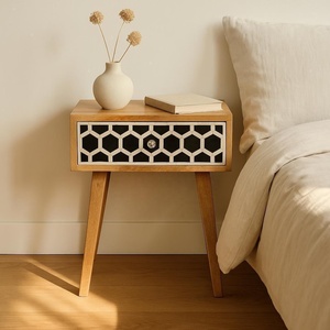 Mango Wood Bedside Table With Bone Inlay Drawer Stylish Geometric Design Durable Finish Perfect For Modern Bedroom Decor - Product Image 1