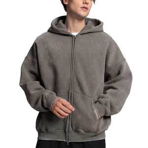 Sudadera con capucha para hombre, personalizada, precio mayorista, estilo urbano, lavado ácido, efecto desgastado por el sol, con cremallera, corte holgado. - Product Image 1