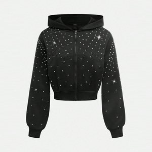 Sweat à capuche zippé en molleton de coton de haute qualité, coupe courte, tendance, avec strass scintillants pour femme - Product Image 1