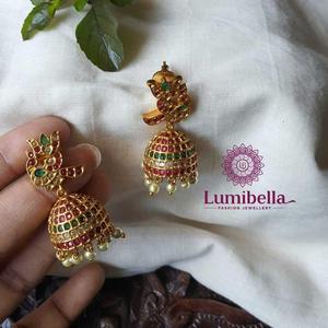 Peacock Style Small Jhumka Earrings with Zircon and Pearl for Party - Product Image 1