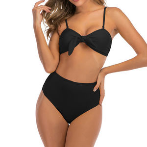 Women's <b>Red</b> Ribbed Bikini Set <b>Bandeau</b> <b>Top</b> High Waist Bottoms 2 Piece Swimwear Stretch Fabric Solid Color Knitted Design - Product Image 3