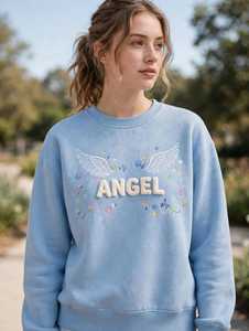 Sudadera de Invierno para Mujer, Cuello Redondo, Color Azul Claro, Felpa de Algodón Antipelusas, Hombros Caídos, Diseño de Alas de Ángel Bordadas en 3D - Product Image 4