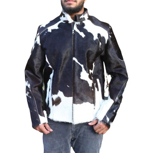 Veste en cuir à imprimé vache pour homme, col montant, fermeture éclair, doublure en fausse fourrure, coupe-vent, style décontracté hiver, coupe régulière - Product Image 1