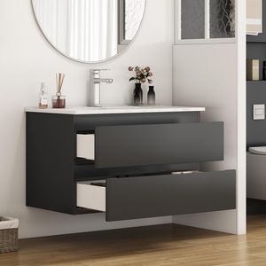 Mobile Bagno Sospeso da 32 Pollici con Doppio Cassetto, Ante Arrotondate, Sistema Soft-Close, Lavabo in Ceramica, Nessun Montaggio Hardware Richiesto - Product Image 2