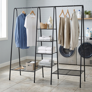 Porte-vêtements moderne en métal avec 4 étagères, porte-manteau autoportant pour rangement de buanderie - Product Image 1