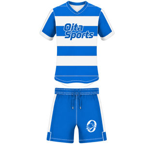 Conjunto de Uniforme de Rugby de Manga Corta Azul Brillante y Blanco, Jersey de Rugby a Rayas con Cuello Redondo, Pantalones Cortos con Cordón, Ropa Deportiva para Entrenamiento - Product Image 1