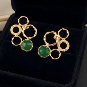 Pendientes de Ónix Verde Natural Redondo con Baño de Oro de 18K, Diseño Circular con Cuentas, Joyería de Moda Brillante al por Mayor - Product Image 6