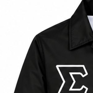 Black Custom Greek Letter Coach <b>Jacket</b> with <b>White</b> Embroidery Crest Logo Snap Button Front Long Sleeve College Team Windbreaker - Product Image 5