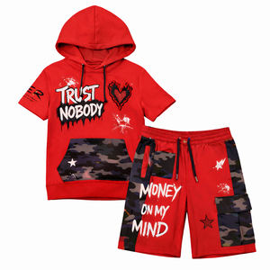 Conjunto de Sudadera con Capucha y Pantalones Cortos para Niños, Color Verde Lima, Estilo Urbano, Sudadera de Manga Corta, Pantalones Cortos Tipo Cargo con Estampado de Camuflaje - Product Image 5