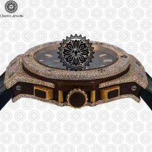 Charm_Jewells Luxury Men's Diamond Bezel Quartz Watch 42mm Round Case Leather Band Analog <b>Chronograph</b> Fashion Design - Product Image 3