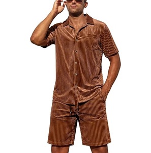 Wholesale OEM Service Velour Short Sleeve Shirt & Shorts <b>Set</b> Turn-down Collar Brown Color Loose Fit Fitness Velvet Tracksuits - Product Image 1