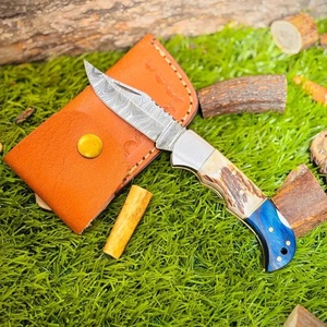 Couteau de chasse pliant en acier Damas personnalisé en gros, lame coulissante, manche en corne de cerf, pointe tombante, qualité industrielle, OEM - Product Image 2