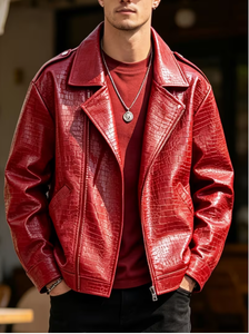 <b>Men</b> <b>s</b> Red PU Leather <b>Jacket</b> Moto <b>Biker</b> Style Turn-down Collar Zipper Front Embossed Crocodile Pattern Autumn Outerwear Luxury - Product Image 3