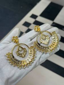 Boucles d'oreilles de luxe plaquées or et rhodium, faites à la main, avec perles Jadau, style chandelier, ethniques indiennes, pour mariée, mariage, déclaration, Kundan, cadeau de fête - Product Image 4