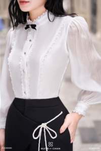 Blusa de seda con mangas abullonadas y lazo desmontable para mujer, COLETTE VIVI KA, informal, 100% poliéster, manga convencional regular - Product Image 2