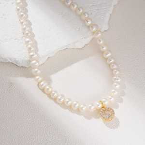 Gold Filled Freshwater Pearl Necklace 15 Inch Round CZ Pendant Pearl <b>Choker</b> Dainty Elegant Minimalist Jewelry Gift NL089 - Product Image 2