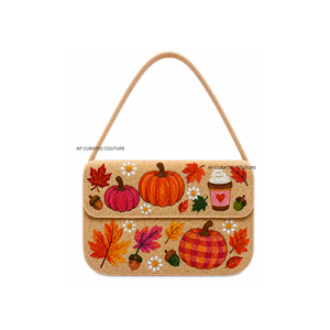 Bolso de Hombro de Yute Bordado con Temática de Halloween Otoñal, Diseño de Calabazas, Hojas y Café, Estilo Bohemio, Correa Única, para Uso Diario - Product Image 6