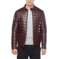 Veste matelassée en cuir véritable marron pour homme Afernon Industry, col montant, fermeture éclair, coupe-vent, respirante, hiver