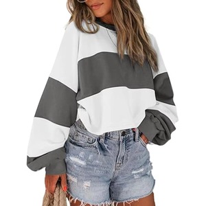 Sudadera Oversize de Mujer con Bloques de Color, Manga Larga Tipo Linterna, Cuello Redondo, Tejida, Transpirable, Estilo Verano, Blanco y Gris - Product Image 1