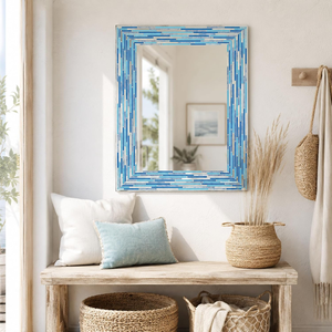 Espejo de Pared Rectangular de Vidrio Mosaico Azul y Blanco, Marco de Azulejos Geométricos Hecho a Mano, Espejo Decorativo de Estilo Costero para una Vida Moderna - Product Image 1