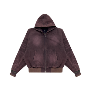 Veste à capuche zippée pour homme, coupe droite, en tissu délavé, avec logo tissé sur le devant, 430g, couleur unie, style streetwear décontracté - Product Image 4