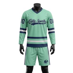 Conjunto de Camiseta y Pantalones Cortos de Hockey sobre Hielo Sublimados en Verde Menta para Hombre, Cuello en V, Rayas, Poliéster, Uniforme Deportivo - Product Image 1