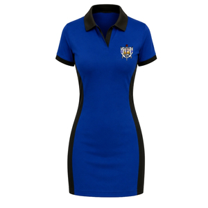 Vestido Polo Azul Rey y Negro para Mujer, Manga Corta, Cuello en Contraste, Uniforme Deportivo con Paneles Laterales y Escudo en el Pecho - Product Image 1