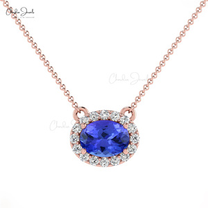 Trending Hot Products Natural 7x5mm Oval Cut Tanzanite & Diamond Halo Necklace 14k Solid Gold Wedding Necklace Set For Bridal - Product Image 1