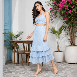 Ensemble deux pièces pour femme, haut court à bretelles rayé bleu clair, jupe midi à volants superposés, style bohème, en coton, printemps-été - Product Image 5