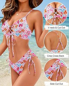 Conjunto de bikini con estampado floral para mujer, top cruzado con cuello halter y efecto push-up, parte inferior con lazo lateral, traje de baño elástico de poliéster y spandex - Product Image 2