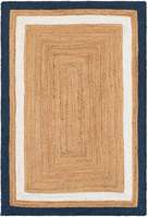 Tapis artisanal en jute naturelle bleu marine et blanc, tressé, style farmhouse bohème, pour salon et chambre