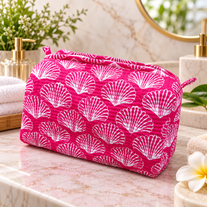Pink Seashell Printed Cotton Quilted Makeup <b>Bag</b> Wholesale <b>Women</b> Travel Cosmetic Pouch Large Capacity Zipper <b>Toiletry</b> Organizer - Product Image 3
