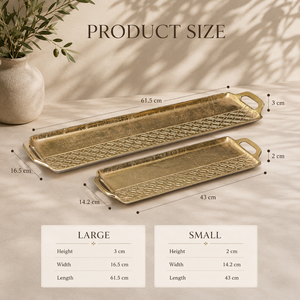 Juego de bandejas de servir de aluminio con acabado dorado de lujo, diseño geométrico texturizado, diseño de doble asa, bandeja rectangular larga para exhibición - Product Image 2