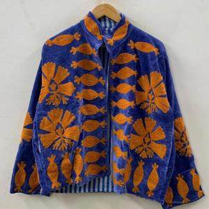 Chaqueta Blusón de Algodón con Cuello Alto y Bordado Floral a Mano, Premium, para Mujer, Manga Larga, Largo Regular, Tejido, Estilo Otoñal - Product Image 3