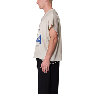 Mens O Neck <b>Sleeveless</b> <b>T</b> <b>Shirt</b> Distressed Neck Front Graphic Loose Fit Raw Hem Streetwear Wholesale Custom OEM Cotton Jersey Tee - Product Image 5