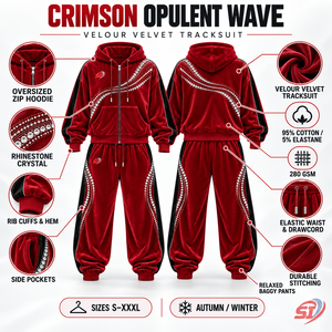 Conjunto de Sudadera y Pantalones de Terciopelo Velour Personalizado de 280 GSM con Pedrería de Cristal, Color Carmesí Opulento, Estilo Urbano OEM - Product Image 5