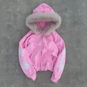 Sweat à capuche court pour homme avec fermeture éclair intégrale, capuche à bordure en fausse fourrure, détail ourlet vieilli, imprimé graphique sur les manches, en molleton doux et épais - Product Image 3