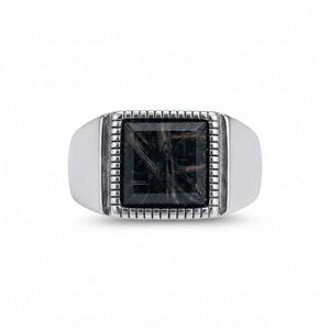 925 Sterling Silver Black Tourmaline Bezel Setting Rhodium Plated Wide Band Classic Engagement <b>Ring</b> Unisex Jewelry - Product Image 3
