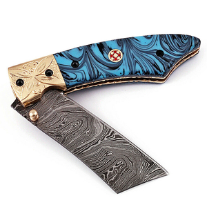Couteau pliant artisanal en acier Damas DCK003, manche marbré bleu, accents dorés, lame droite, qualité industrielle, outil ODM - Product Image 1