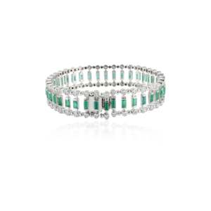 18K Yellow <b>Gold</b> Art Deco <b>Bangle</b> Bracelet with Emerald Cut Diamond and Baguette Emerald - Product Image 4