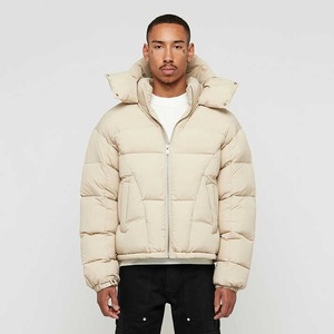 Mens Beige Hooded Puffer <b>Jacket</b> Windproof Thick Zipper Casual Winter Outerwear Custom <b>Waterproof</b> Warm <b>Padded</b> Front 340g Apparel - Product Image 1