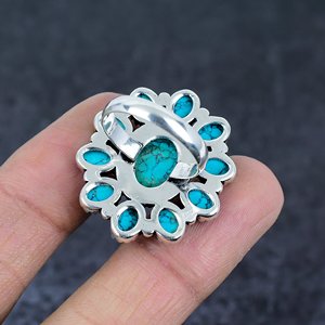 Anillo de Turquesa Natural en Forma de Flor, con Incrustaciones de Perlas Creadas en Laboratorio, de Alta Calidad, con Canalización, Estilo Vintage, Chapado en Plata 925, Unisex - Product Image 4