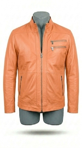Chaqueta de Motociclista de Cuero Vacuno Naranja para Hombre, Cuello Alto, Cierre de Cremallera, Manga Regular, Estilo Biker Otoñal, Color Sólido, Alta Calidad - Product Image 6