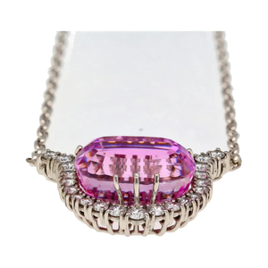 Collar con Colgante de Aleación Plateada para Mujer, Zafiro Rosa Ovalado con Detalles de Diamantes, Cadena de Eslabones, Estilo Clásico, Zafiro Creado en Laboratorio, Certificado IGI - Product Image 4