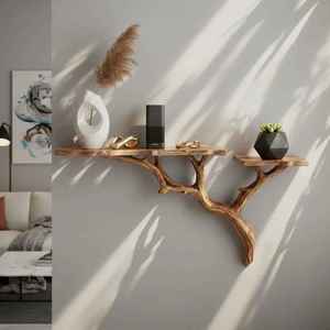 Modern Intersecting Geometric Wooden Floating <b>Shelf</b> <b>Wall</b> <b>Mount</b> Brown Multi Tier Storage Ledge Display Organizer Home Decor - Product Image 2