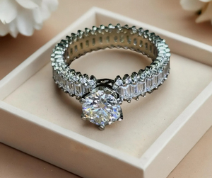 Round & Baguette Cut Moissanite Diamond <b>Ring</b> 925 Sterling Silver - Product Image 1