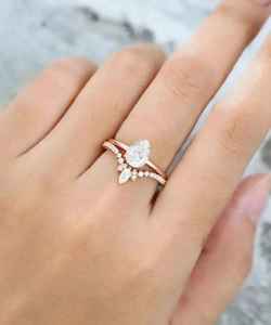 Ensemble de bagues de fiançailles en moissanite en forme de poire, vintage, argent sterling 925, plaqué or 14 carats, style Art Déco, bague de mariée - Product Image 5