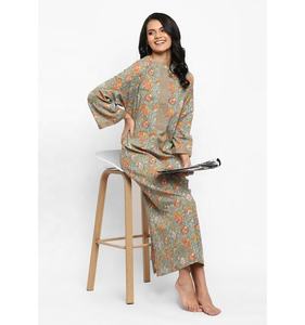 Vestido de caftán nocturno de algodón con estampado floral mostaza bonito bloque de mano con manga larga y detalle de cremallera frontal - Product Image 1